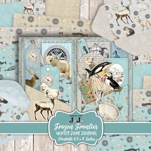 May include: A digital printable journal kit with a winter theme. The kit includes various papers with images of animals, compass roses, and text. The title of the kit is "Frozen Frontier Winter Junk Journal - Printable 8.5 x 11 Inches".