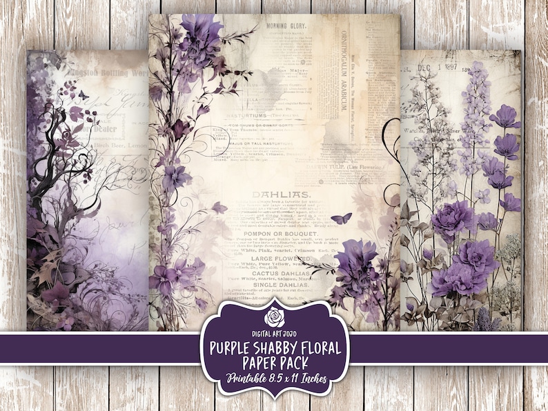 Vintage Purple Floral Digital Pages, Lilac Printable Scrapbook Papers ...