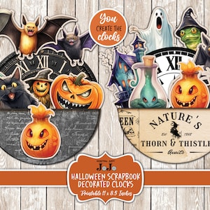 Op de afbeelding: Printbare Halloween-scrapbooking-klokset met een verscheidenheid aan griezelige personages en afbeeldingen, waaronder vleermuizen, pompoenen, een geest, een kikker, een heks en een fles met toverdrank. De set bevat 11 x 8,5 inch printbare klokgezichten en uitsnijdbare afbeeldingen om de klokken te versieren.