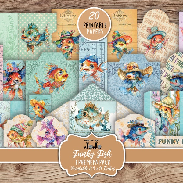 Funky Fish Junk Journal Ephemera Kit, Whimsical Scrapbook Fussy Cuts, Vintage Handmade Crafts, Digital Download, Envelopes, Tags, Pockets