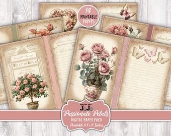 May include: A set of 14 printable digital papers featuring a vintage aesthetic with floral and butterfly designs. The papers are 8.5 x 11 inches and include a calendar page, a page with the text "That is Love", and several pages with roses and butterflies.