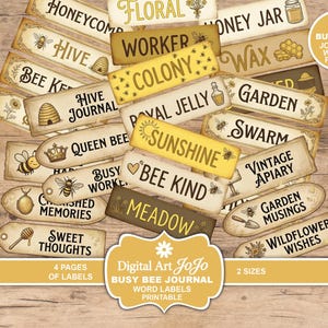 May include: A collection of vintage-style labels with bee-themed words like "Honey Jar," "Hive," and "Sunshine." The labels are in various shapes and sizes, with illustrations of bees and honeycombs. The color palette includes yellow, brown, and cream.