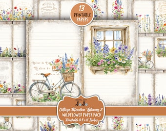 Wildflowers Junk Journal Printable Papers, Vintage Floral Pages, Boho Scrapbook Supplies, Digital Download, Spring Flowers, Shabby Chic Set