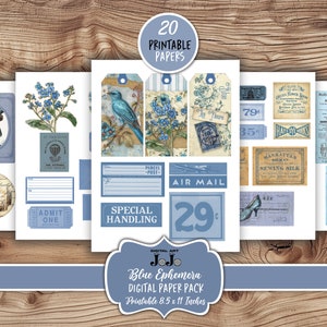 Blue Ephemera Junk Journal Kit, Floral Scrapbook Papers Set, Vintage ...