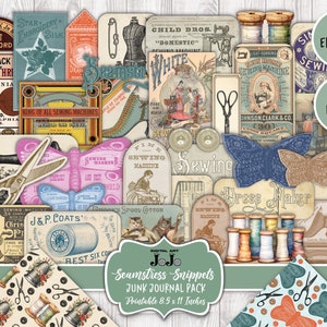 Pacote de sucata de costureira, coisas efêmeras de diário de costura, papéis vintage para impressão, álbum de recortes de bordado, colagem de bordado, cortes digitais complicados