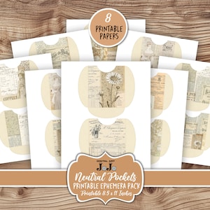 Pochettes neutres pour journaux indésirables, fournitures éphémères vintage, complément beige pour scrapbooking, embellissements imprimables, kit de collage crème, pack numérique