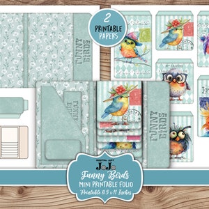Funny Birds Printable Folio, Junk Journal Ephemera Kit, Whimsical Scrapbook Wallet, Vintage Handmade Crafts, Digital Download, Flip Cards