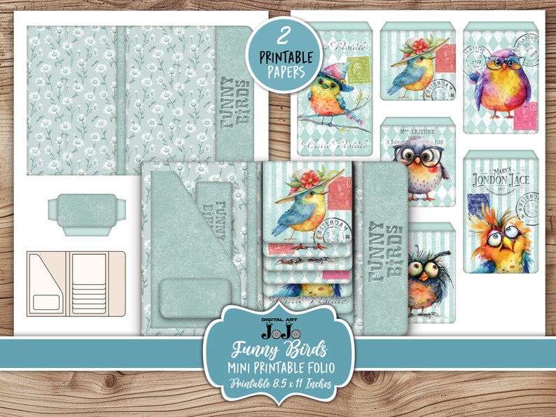Funny Birds Printable Folio, Junk Journal Ephemera Kit, Whimsical Scrapbook Wallet, Vintage Handmade Crafts, Digital Download, Flip Cards