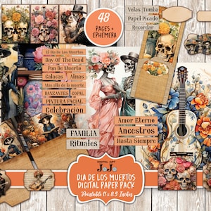 Dia De Los Muertos Junk Journal Paper, fundo para impressão, páginas de scrapbook, imagens artesanais, dia dos mortos, folhas de colagem, mexicano, caveira