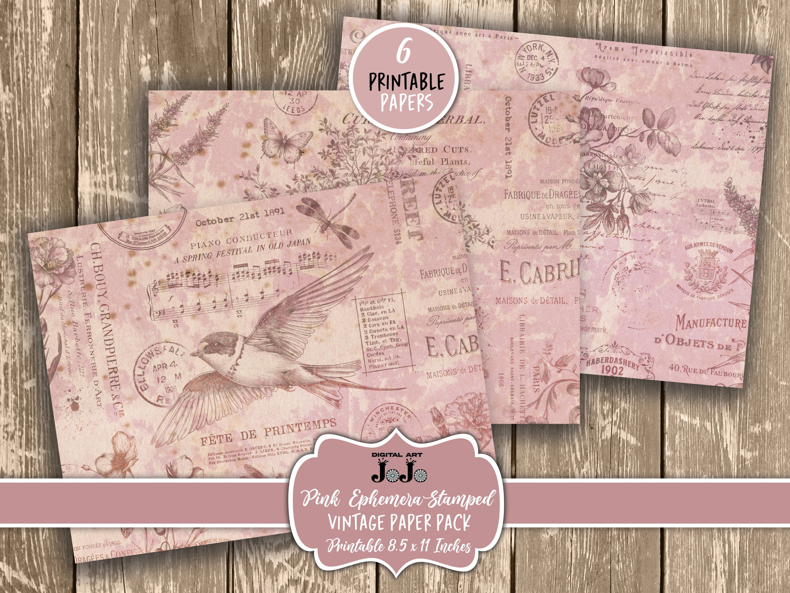Pink Junk Journal Papers Kit, Printable Floral Scrapbook Pages Set ...
