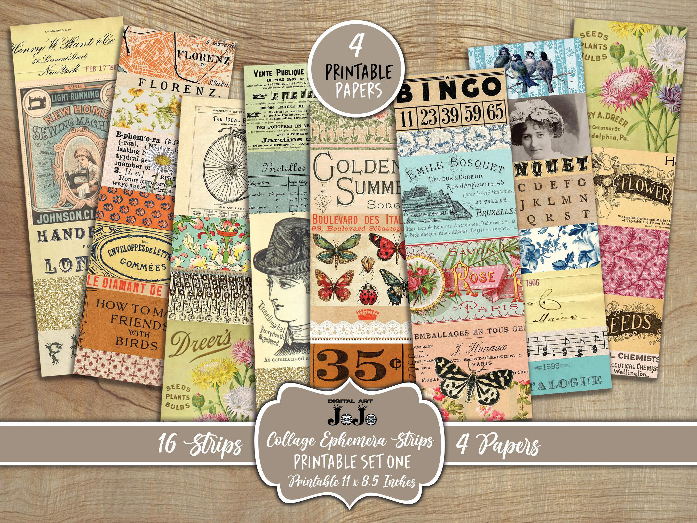 Vintage Ephemera Collage Strips, Printable Digital Download, Junk ...