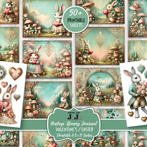 Junk Journal Kit, Printable Valentine's Day, Easter Bunny Love, Hearts Scrapbook Paper, Vintage Rabbit Digital Pages, Mixed Media Download