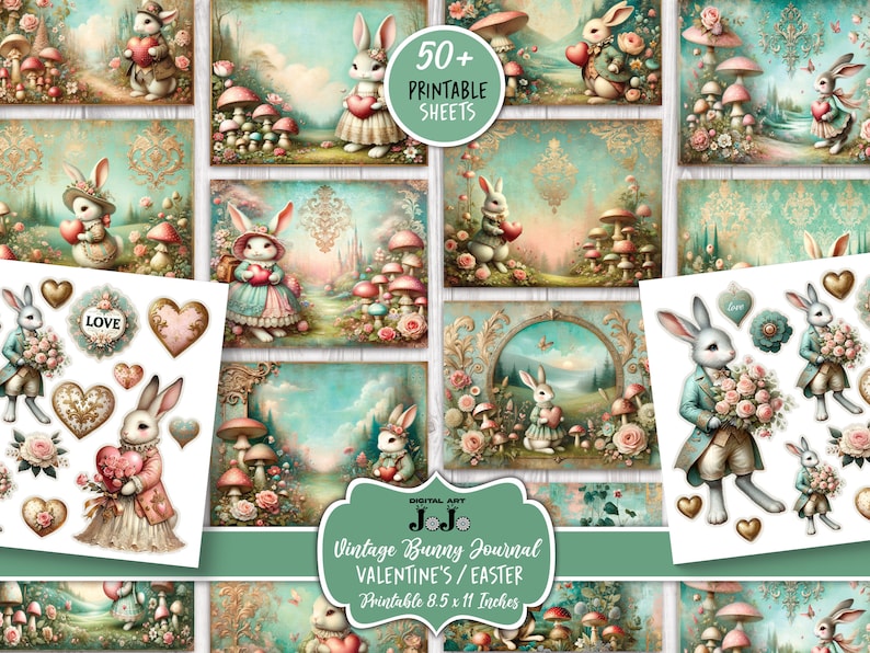 Junk Journal Kit, Printable Valentine's Day, Easter Bunny Love, Hearts Scrapbook Paper, Vintage Rabbit Digital Pages, Mixed Media Download