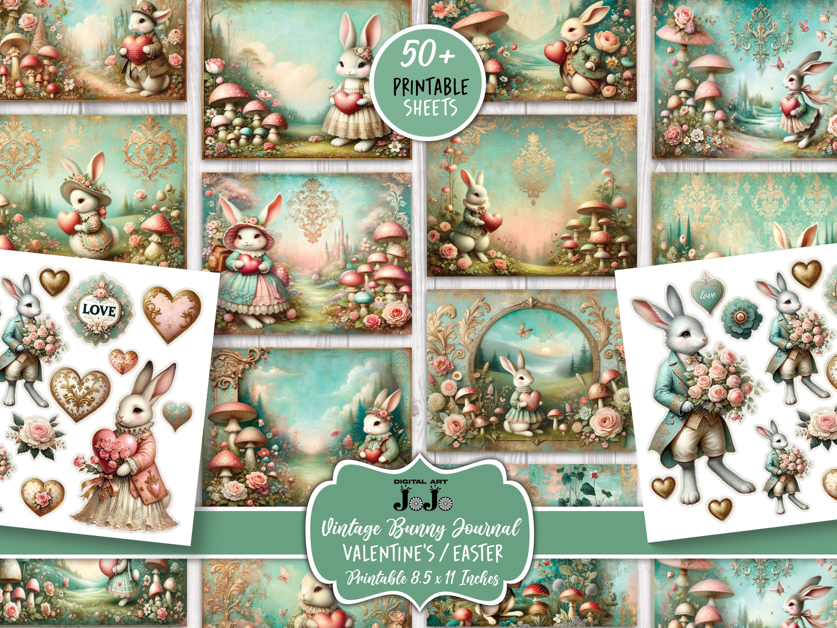 Junk Journal Kit, Printable Valentine's Day, Easter Bunny Love, Hearts ...
