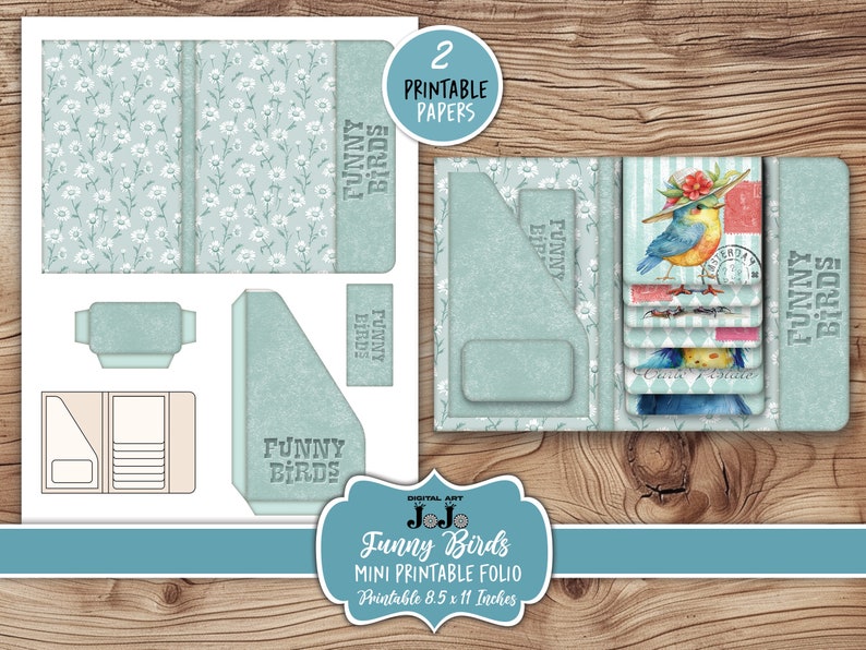 Funny Birds Printable Folio, Junk Journal Ephemera Kit, Whimsical Scrapbook Wallet, Vintage Handmade Crafts, Digital Download, Flip Cards