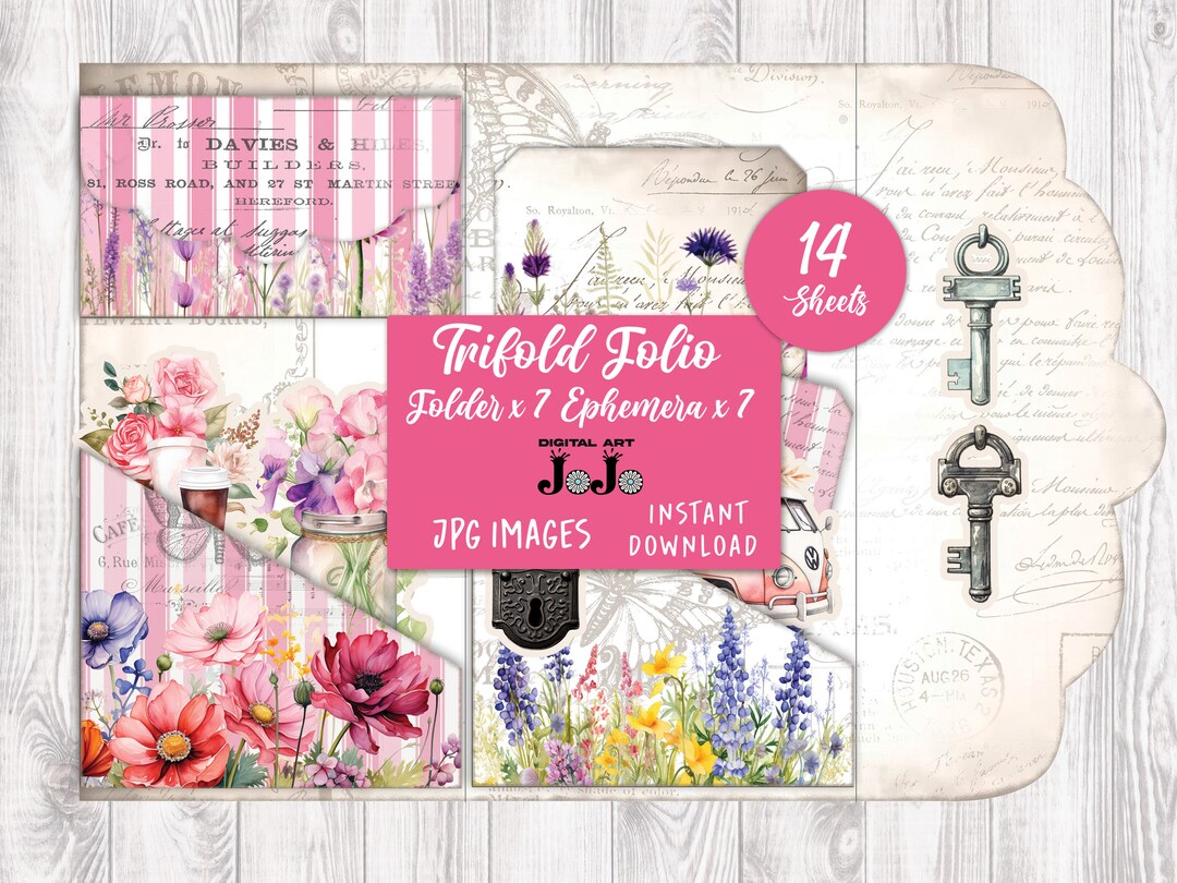 Junk Journal Folio Kit, Pockets and Printable Quotes, Trifold Folder ...