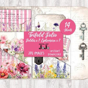 Junk Journal Folio Kit, Pockets and Printable Quotes, Trifold Folder, Wildflowers, Pink Vintage, Mini Cards, Fussy Cuts, Envelopes, Words