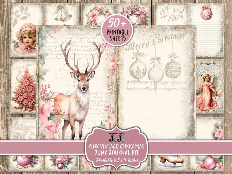Pink Christmas Junk Journal Kit, Digital Printable Pages, Xmas Ephemera ...