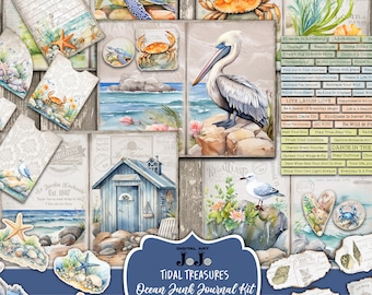 Ocean Junk Journal Kit, Digital Summer Beach Papers, Seaside Pages, Coastal Theme Handmade Digis, Ephemera, Envelopes, Pockets, Tags, Blue