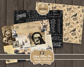 May include: A digital paper pack featuring 13 printable papers inspired by Edgar Allan Poe. The papers feature a variety of designs, including skulls, ravens, and text from Poe's works. The papers are 11 x 8.5 inches.