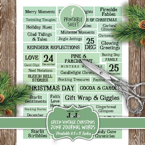 Green Christmas Junk Journal Word Labels, Winter Scrapbook Printable Digital Quotes Set, Collage Xmas Phrase Kit, Ephemera Digi Words Bundle