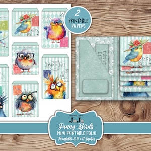 Funny Birds Printable Folio, Junk Journal Ephemera Kit, Whimsical Scrapbook Wallet, Vintage Handmade Crafts, Digital Download, Flip Cards