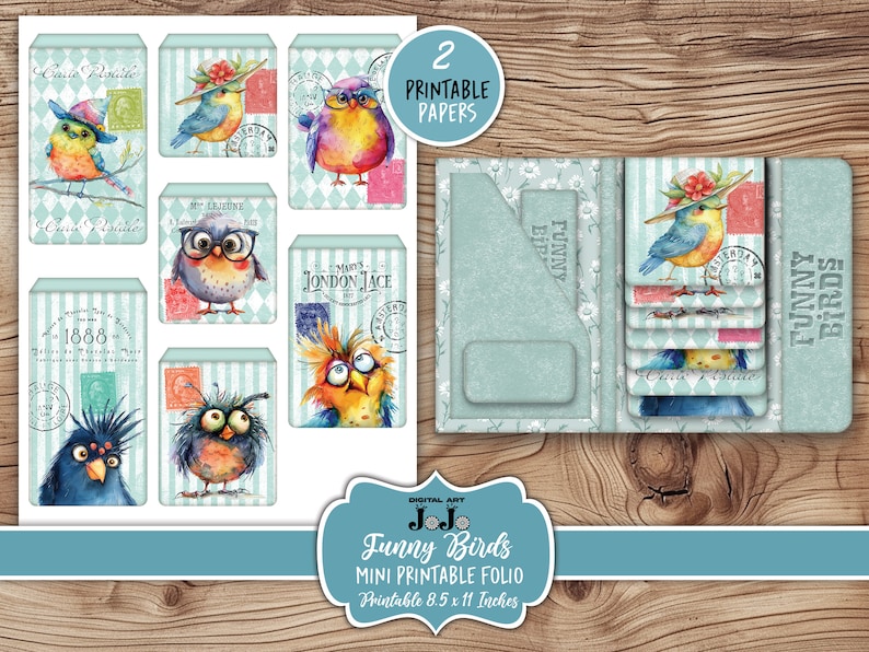 Funny Birds Printable Folio, Junk Journal Ephemera Kit, Whimsical Scrapbook Wallet, Vintage Handmade Crafts, Digital Download, Flip Cards
