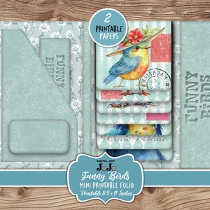 Funny Birds Printable Folio, Junk Journal Ephemera Kit, Whimsical Scrapbook Wallet, Vintage Handmade Crafts, Digital Download, Flip Cards