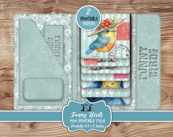 Funny Birds Printable Folio, Junk Journal Ephemera Kit, Whimsical Scrapbook Wallet, Vintage Handmade Crafts, Digital Download, Flip Cards