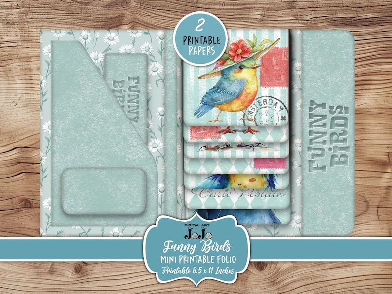 Funny Birds Printable Folio, Junk Journal Ephemera Kit, Whimsical Scrapbook Wallet, Vintage Handmade Crafts, Digital Download, Flip Cards