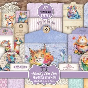 Kit effimero del diario spazzatura dei gatti, album di ritagli shabby chic stravagante, artigianato fatto a mano vintage, download digitale, forniture per collage, etichette, tasche