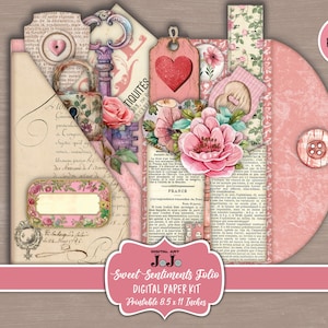 Titular de la tarjeta de regalo de San Valentín, folio digital imprimible, billetera de diario basura, kit imprimible de bolsa, álbum de recortes de embrague simple, sobre romántico