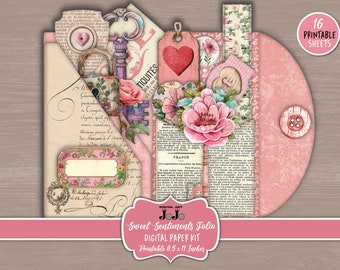 May include: A digital paper kit with 16 printable sheets featuring a pink and white color scheme. The kit includes various elements such as keys, flowers, hearts, and vintage text. The text on the image reads "Sweet Sentiments Folio Digital Paper Kit Printable 8.5 x 11 Inches".