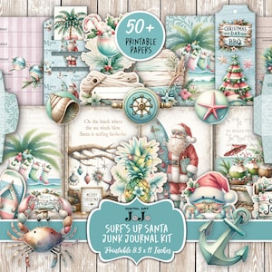 Kit de diario basura de playa de Navidad, paquete de efímeras festivas tropicales, conjunto de páginas de Navidad imprimibles, documentos de vacaciones de invierno, complemento de reno de Santa