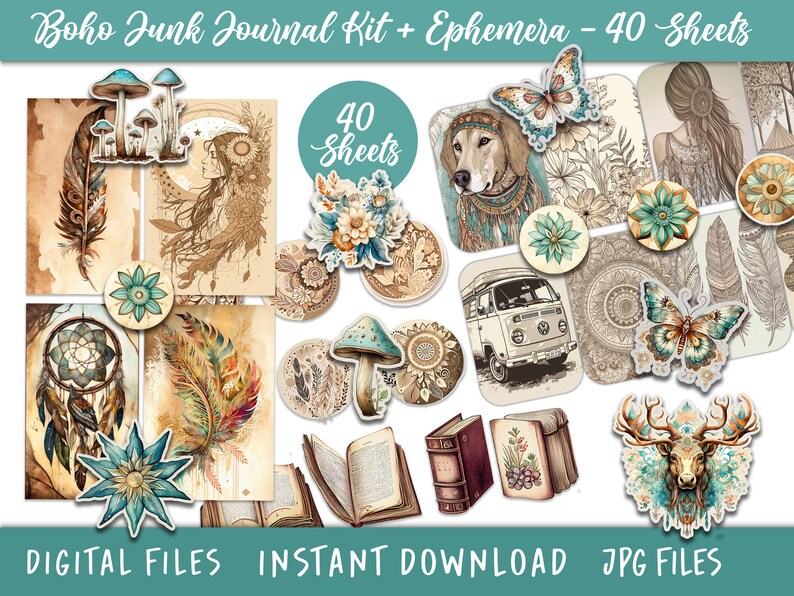 Boho Junk Journal Kits Digital Download Bohemian Printable Papers