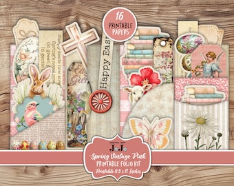 May include: A set of 16 printable papers featuring a spring theme with pink, green, and white colors. The papers include images of flowers, butterflies, birds, a cross, a bunny, and books. The papers are 8.5 x 11 inches.
