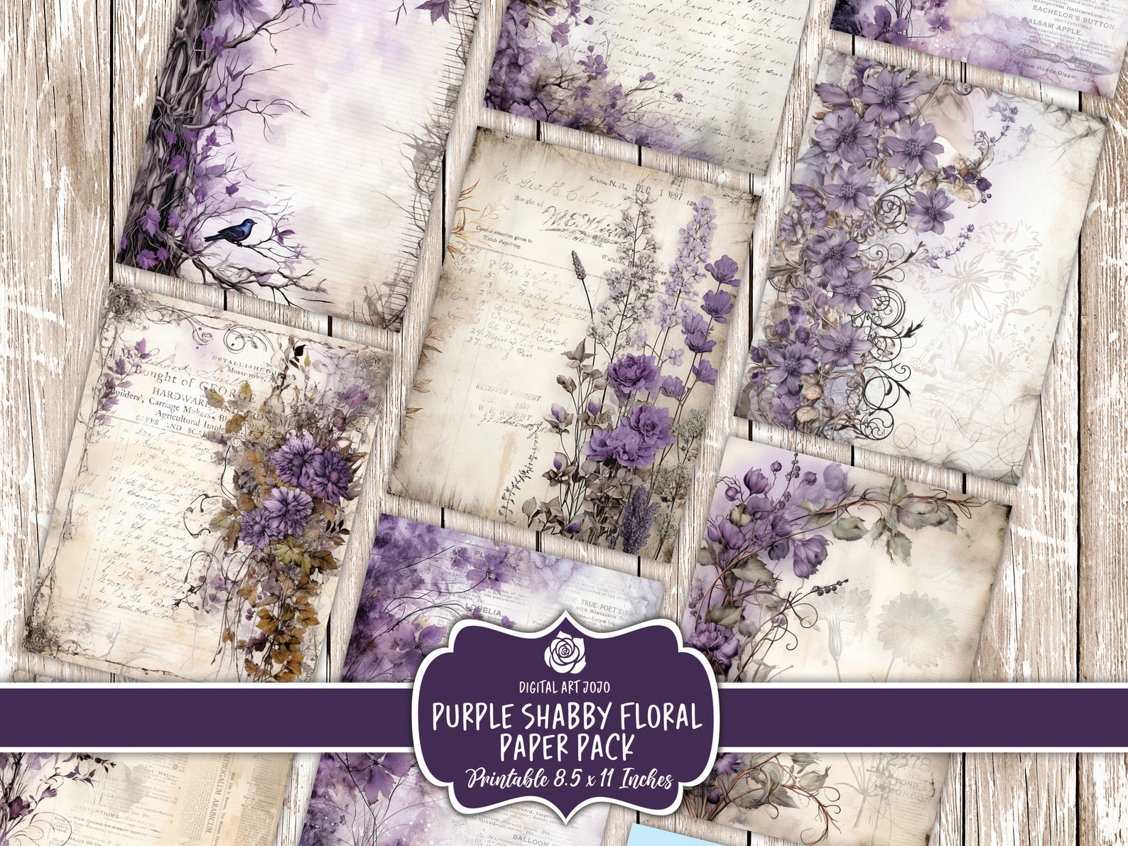 Vintage Purple Floral Digital Pages, Lilac Printable Scrapbook Papers ...