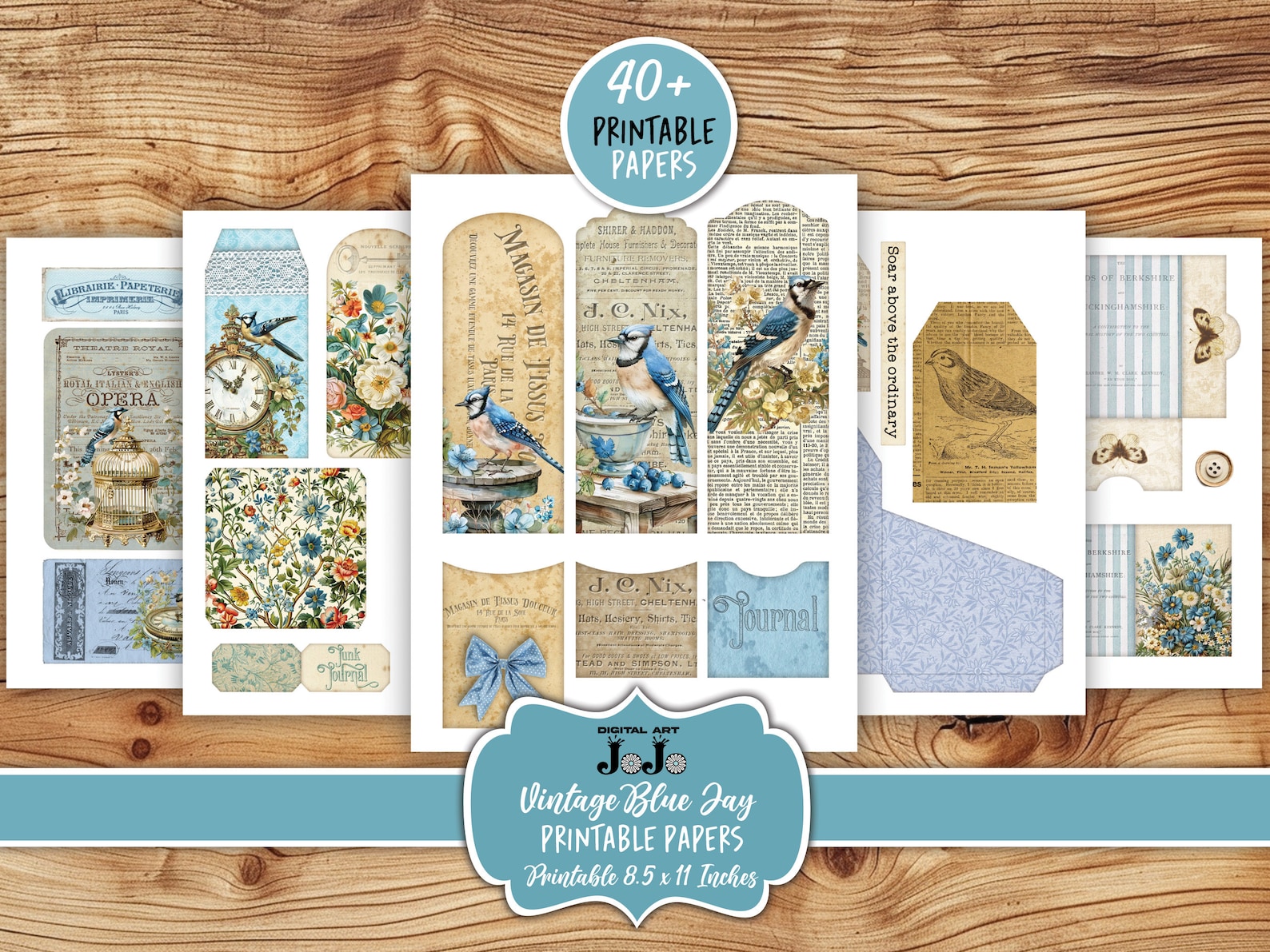 Birds Junk Journal Kit, Digital Nature Papers, Blue Jay Pages, Vintage ...