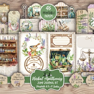 Kit de diário de lixo para boticário, suprimentos para páginas de scrapbook de cura de ervas, coisas efêmeras vintage para impressão, download digital, papéis de colagem botânica
