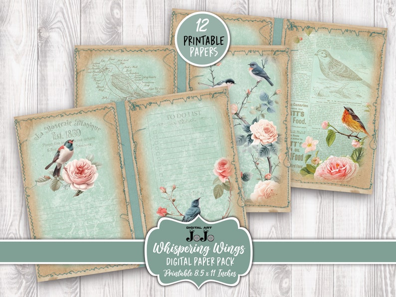 Birds Junk Journal Pages, Roses Printable Scrapbooking Paper, Sewn ...