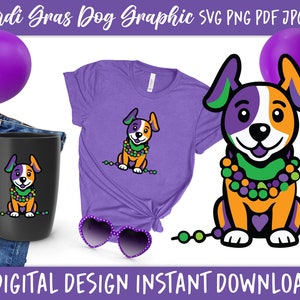 May include: A purple, orange, and green cartoon dog wearing a Mardi Gras necklace. The dog is sitting on a white background with purple beads and green beads scattered around it. The text "Mardi Gras Dog Graphic" is at the top of the image.