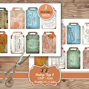 Vintage Tags Printable Sheets for Junk Journal - Distressed Grunge Ephemera Finish, Scrapbooking Collage Craft Supplies, Script and Plain