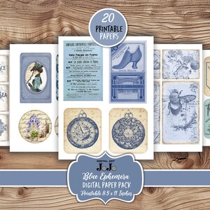 Blue Ephemera Junk Journal Kit, Floral Scrapbook Papers Set, Vintage ...
