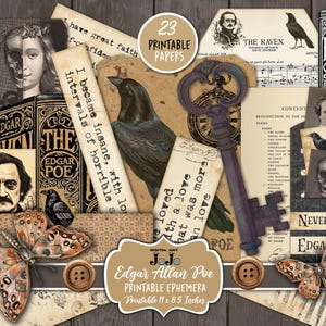 Efímeras de Edgar Allan Poe, kit de adornos para diario basura, juego de papeles digitales imprimibles, hoja de collage, poeta gótico, manualidad de papel, citas de Poe