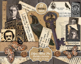 May include: A set of 23 printable digital papers featuring an Edgar Allan Poe theme. The papers include images of ravens, keys, butterflies, and text from Poe's poems, such as "The Raven" and "Nevermore".