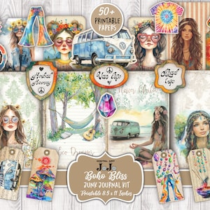 Kit diario spazzatura hippie, pagine di scrapbooking Boho, set di carte Boho stampabili, pacchetto effimeri vintage, forniture per collage artigianali zingari digitali