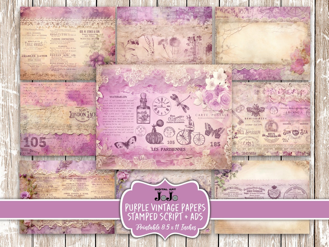 Purple Vintage Junk Journal Papers, Pink Printable Pages Pack, Digital ...