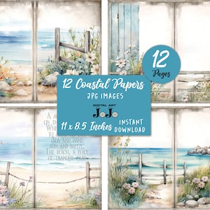 Beach Junk Journal Papers, Ocean Junk Journal Pages, Collage Sheets, Printable Scrapbooking, Instant Download, Waves, Wildflowers, Nature