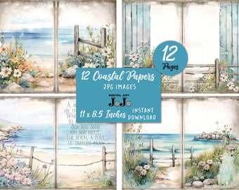 May include: Twelve digital papers featuring a coastal theme. The papers include images of a beach, a wooden fence, flowers, and a blue sky. The papers are 11 x 8.5 inches.