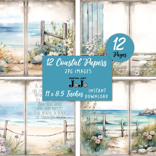 Beach Junk Journal Papers, Ocean Junk Journal Pages, Collage Sheets, Printable Scrapbooking, Instant Download, Waves, Wildflowers, Nature